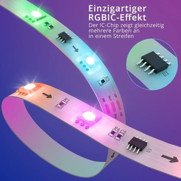 LED-stripe, RGBIC LED-stripe 5m, musikksynkronisering, segmentkontroll, fargeendring, 64