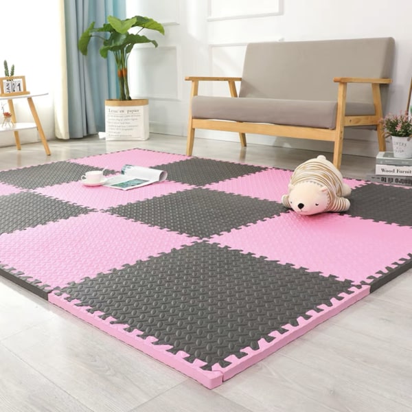 Skum Legemåtte - Børns Bløde Eva Puslespilmåtte, Sammenlåsende Børns Legemåtte Gulvmåtte Skum, 16-pak. 30*30*1.0 (16 stykker)Pink og sort Pink and black