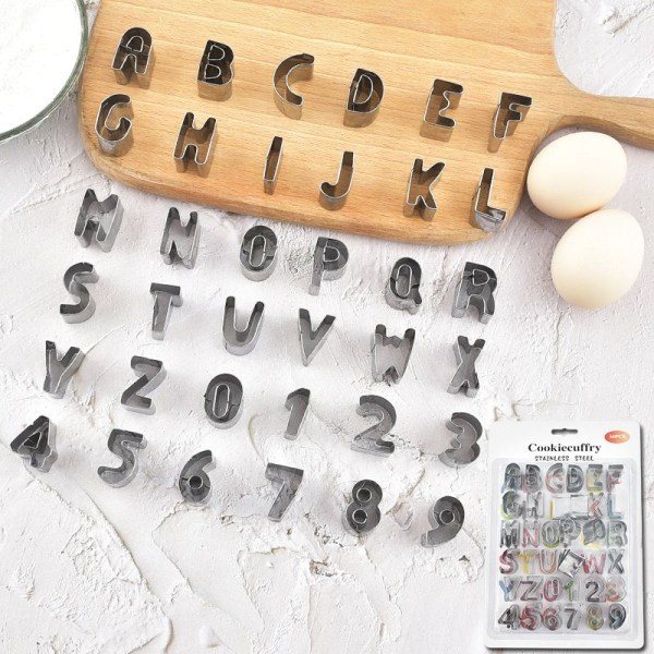 Sett med 36 alfabetbokstaver, konditorkuttere i rustfritt stål med slitesterk oppbevaringsboks for kakepynt Sukkerpasta kjekskake(36)