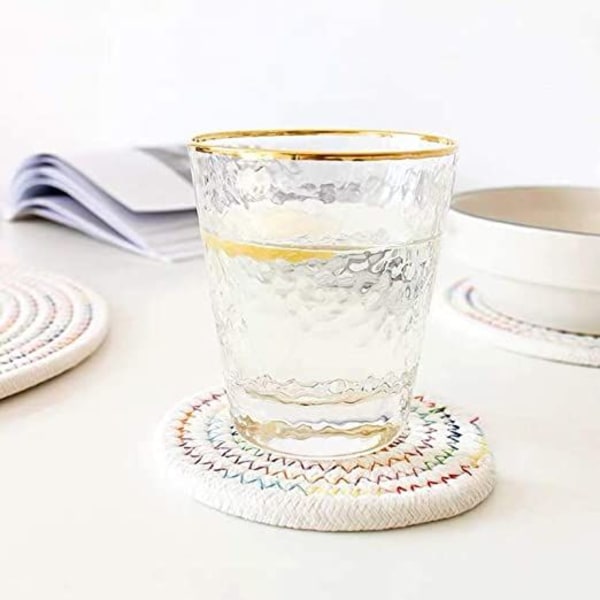 Set med 6 vita underlägg, bomullsvävd kopp, kopp, flaska, underlägg, dryck, halkfri, återanvändbar, tvättbar, bord, bar, restaurang, modernt kontor, färgglad rund