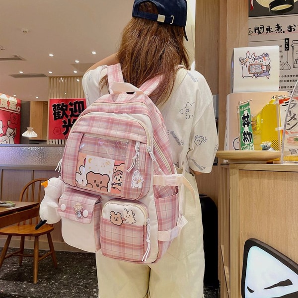 Student skolväska högskolestudent stor kapacitet ryggsäck kvinnlig grundskoleelev dubbel ryggsäck kvinnlig student väska-rosa