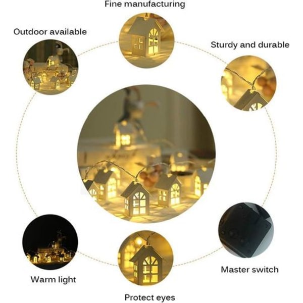 Julelys, 2m 10-LED Trehus Feilys Romdekor Varm Hvit,