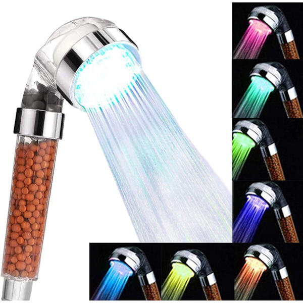 Duschhuvud mot kalkavlagringar, vattenbesparande LED-duschhuvud med 7 färger, transparent handdusch med jonfilter och spasten 23,5 x 8 x 6 cm