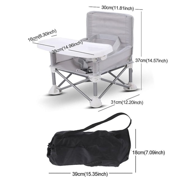 Barnmatsalsstol med bricka Fällbar bältesstol Portabel Justerbar Löstagbar Camping Gräsmatta Barnbord Söt Robust Grå
