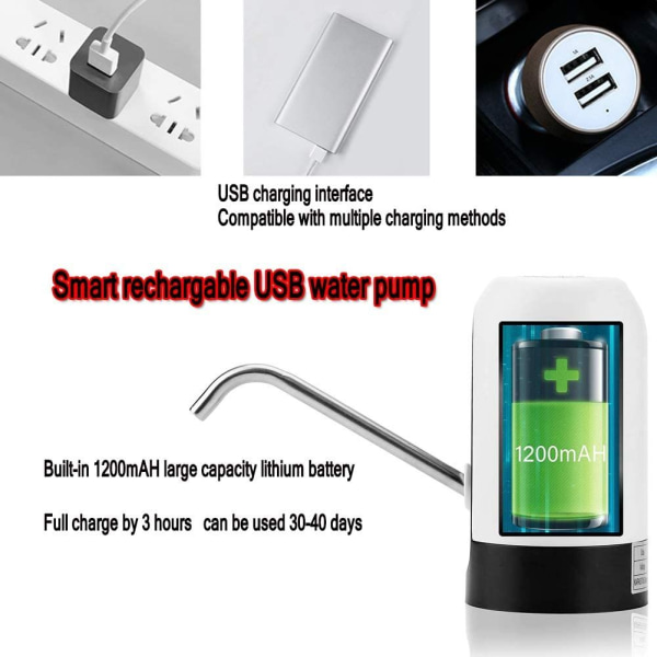 Hvittvannsflaskepumpe, 5 gallon USB-lading automatisk drikkevannspumpe, universelle 2-5 gallon mugger distribuere-