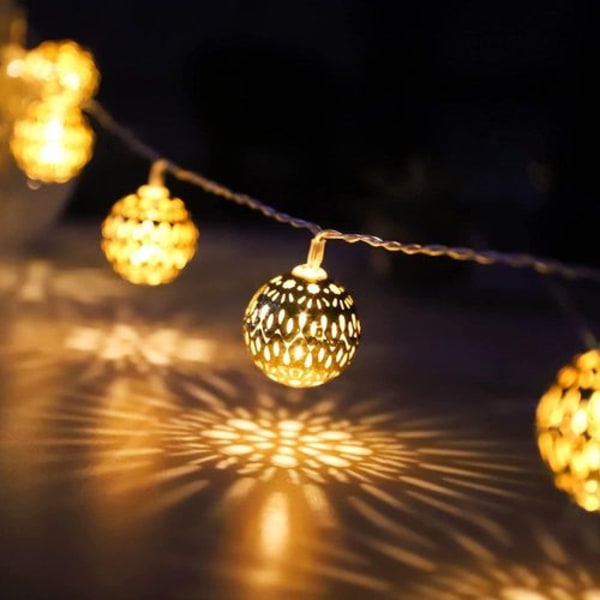 Marockanska Fe-ljus Guld med Stickpropp Varmvit LED, 20 Gyllene Metallkulor,