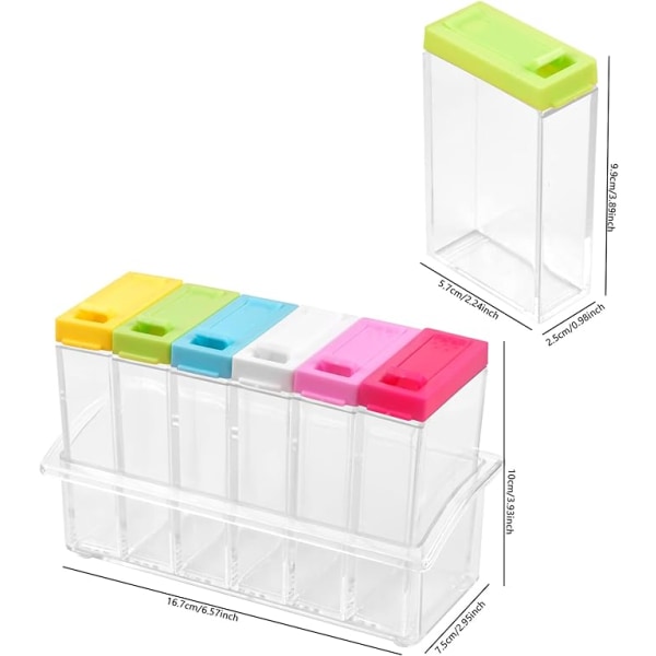 Set med 6 plastkryddburkar, transparent kryddburk med bricka