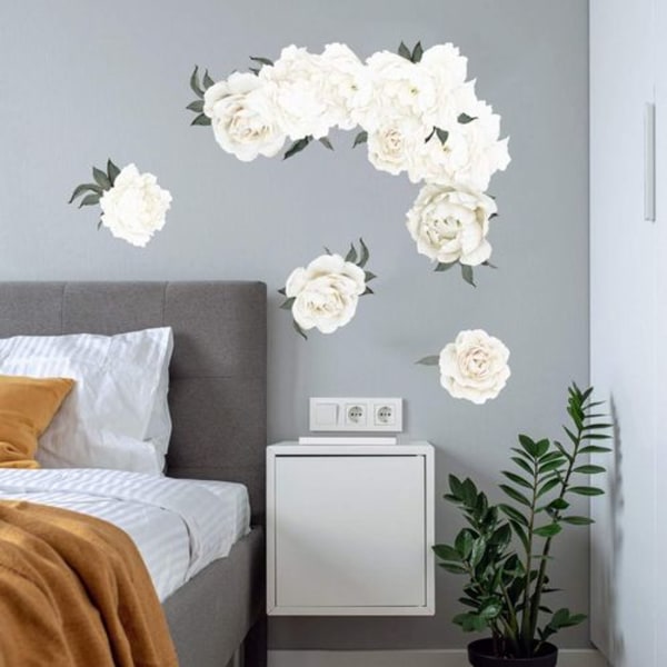 Vita pionväggdekaler Blomväggdekaler för sovrum Vattenfärg