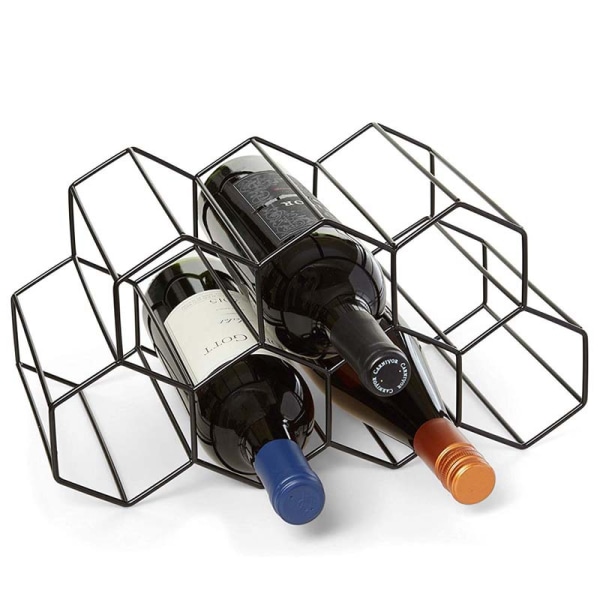 Benkeplate liten frittstående vinstativ - vinhylle i honeycomb metall med plass til 9 flasker, svart, guide for oppbevaring av vin