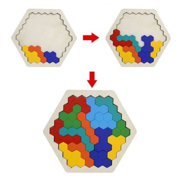 Puinen kuusikulmiopalapeli - Muotolohko Tangram Aivopähkinälelu Geometria Logiikka