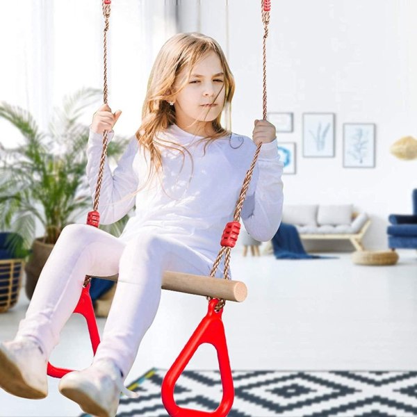 PELLOR multifunktionel børne trapezgynge i træ med gymnastikringe i plast til rød