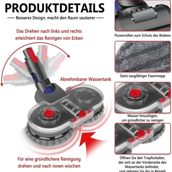 Elektrisk moppehoved til Dyson V15 V11 V10 V8 V7 med 6 vaskbare mopper