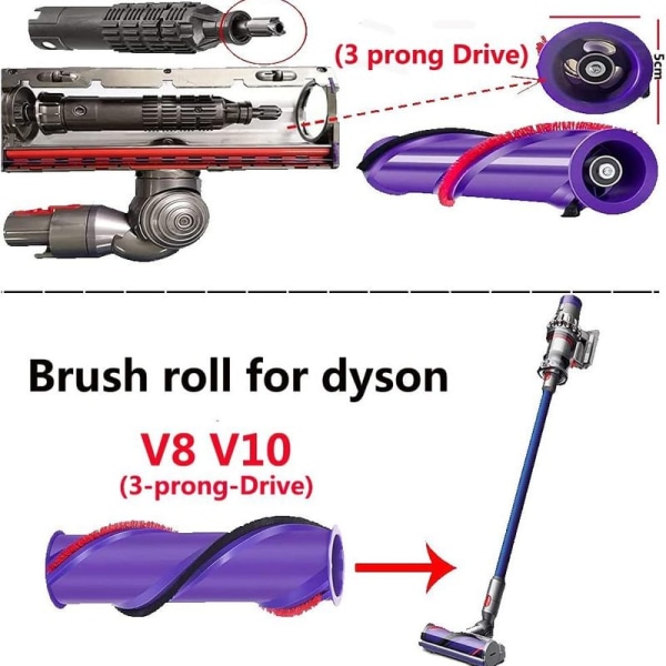Harjarulla Dyson V10 V8:lle, 3-nastainen käyttörullatanko Dyson V10 V8:n vaihtoon