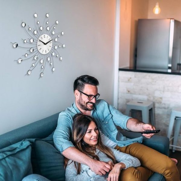 Sunburst Veggklokke Glitrende Bling Metallisk Sølv Blomformet Veggklokke for