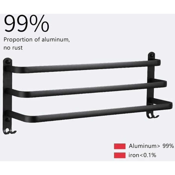Vægmonteret håndklædeholder i aluminium - 3 lag - Vandtæt - Sort - 3