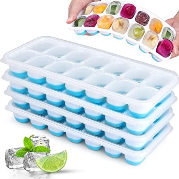 Set of 4 ice cube trays,silicone mold with easy-release lid,blue