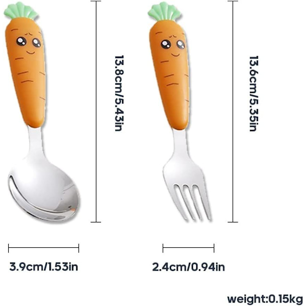 2 stk. rustfrit børnebestik i rustfrit stål, børnebestik i rustfrit stål, gaffel og ske til børn, baby, hjem, skole (rundt håndtag, ca.
