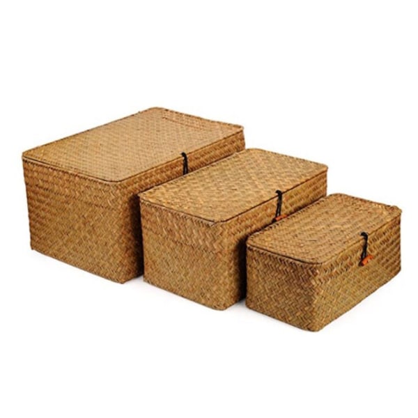 Flettet kurv Fletkurv med låg Søgræs Vasketøj Rattan Organizer Box til