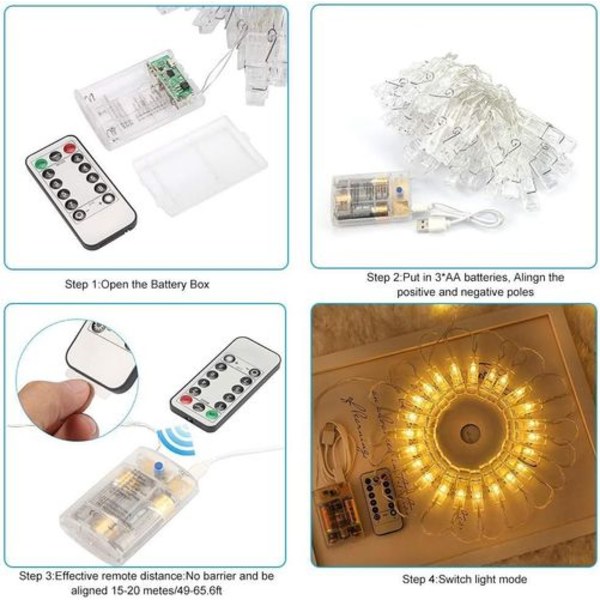 Mitringsfe lys med klips for bilder, 8 moduser fotoklips fe lys