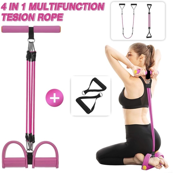 Abdominal Trainer Upgrade 3 Tubes Pedal Resistance Band Elastic Sit-up Pull Rope pink