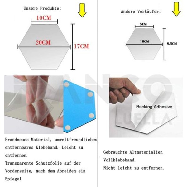 Sats med 12 hexagonala akrylspeglar och plastväggsdekaler för heminredning