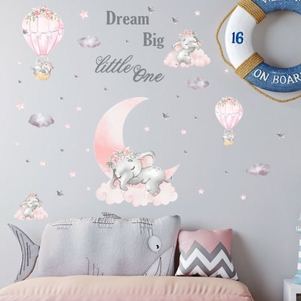 Elephant Wall Stickers Pink Moon Varmluftsballon Grå Stjerner Wall Stickers til