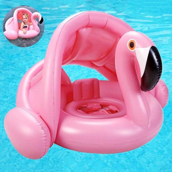 Flamingo babysvømmering med solbeskyttelse, babysvømmehjelp, babysvømmering