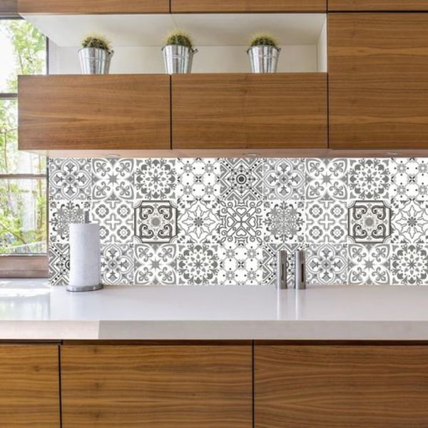 Sets Retro grå kakel mönster klistermärken kök kakel skrivbord vattentät