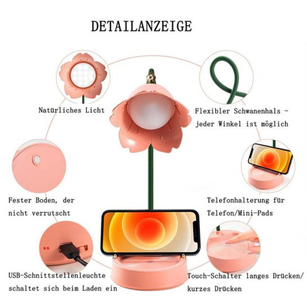 Pink skrivebordslampe til børn, kreativ genopladelig LED-skrivebordslampe