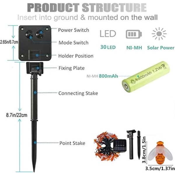 Aurinkokäyttöinen mehiläisvaloköynnös, 20 LED 5M Aurinkokäyttöinen mehiläisvaloköynnös 8 tilaa