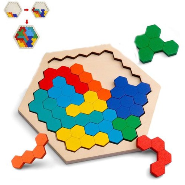Træ Hexagon Puslespil - Form Blok Tangram Hjerne Teaser Legetøj Geometri Logik