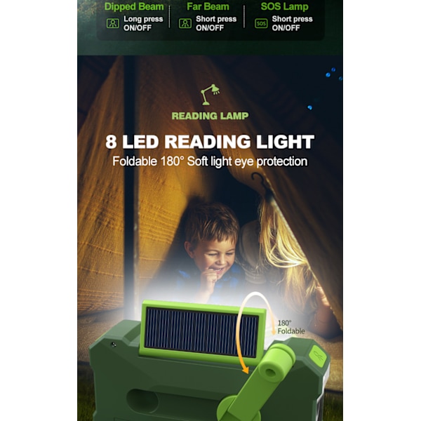 10000mAh solardriven nödradio med vev, med handvevsströmgenerering, ficklampa, USB-multifunktionsradio, grön green