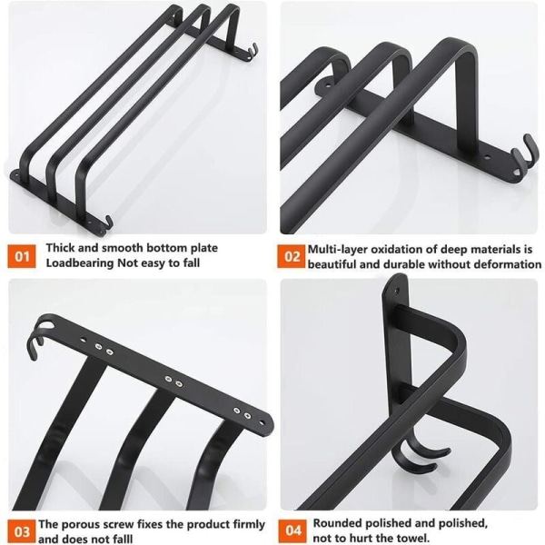 Vægmonteret håndklædeholder i aluminium - 3 lag - Vandtæt - Sort - 3