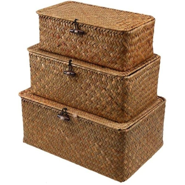 Flettet kurv Fletkurv med låg Søgræs Vasketøj Rattan Organizer Box til