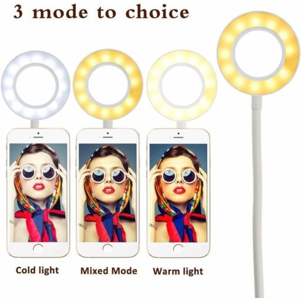 Led selfie lys med mobiltelefonholder, 3 lysmoduser og 10 lysstyrkenivåer LED