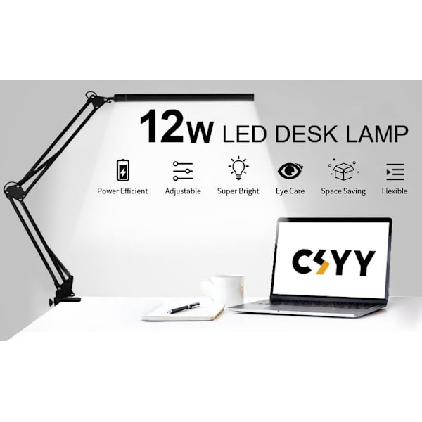 LED-skrivebordslampe 12W sammenklappelig bordlampe med klemme 10 lysstyrkeniveauer