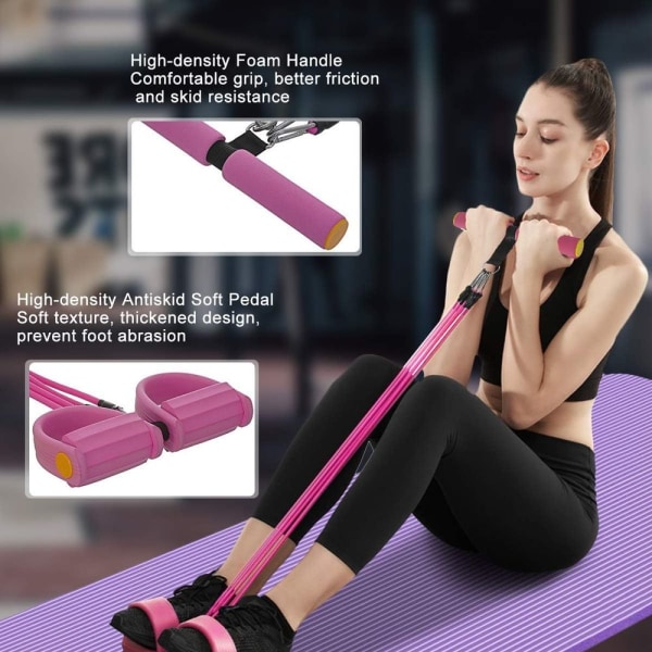 Abdominal Trainer Upgrade 3 Tubes Pedal Resistance Band Elastic Sit-up Pull Rope rosa