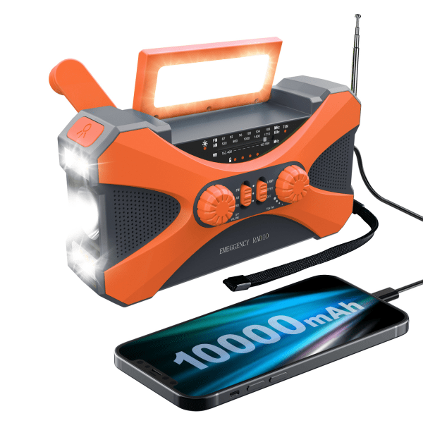 10000mAh solenergi nødradio med sveiv, med håndsveiv strømgenerering, lommelykt, USB multifunksjonsradio, oransje orange