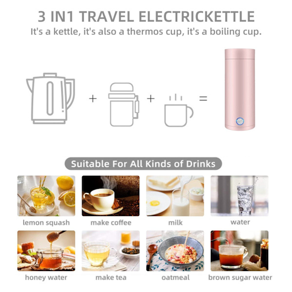 Matka-sähkökeitin, kannettava vedenkeitin 400 ml, 3-in-1-minisähkökeitin lämmitystoiminnolla, vaaleanpunainen