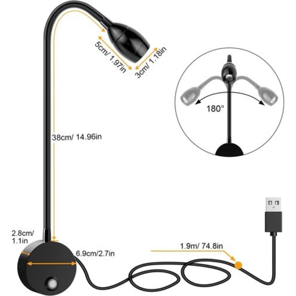 ERAY Vægmonteret Læselampe, LED Sengelampe, Touch Switch, Fokuserbar, 3 W