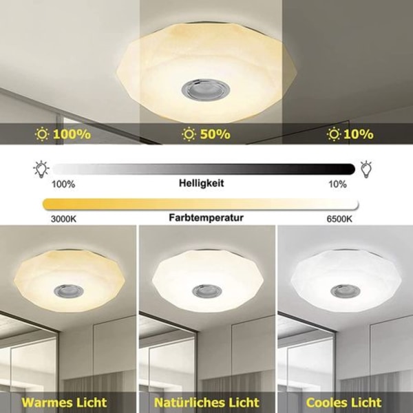 LED-taklampe dimbar med Bluetooth-høyttaler, fjernkontroll