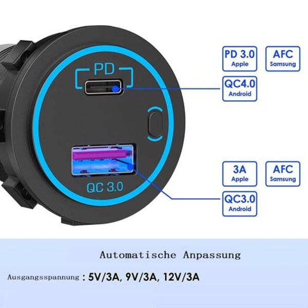 PD USB C-uttag 12V: Typ C bil USB uttag installation