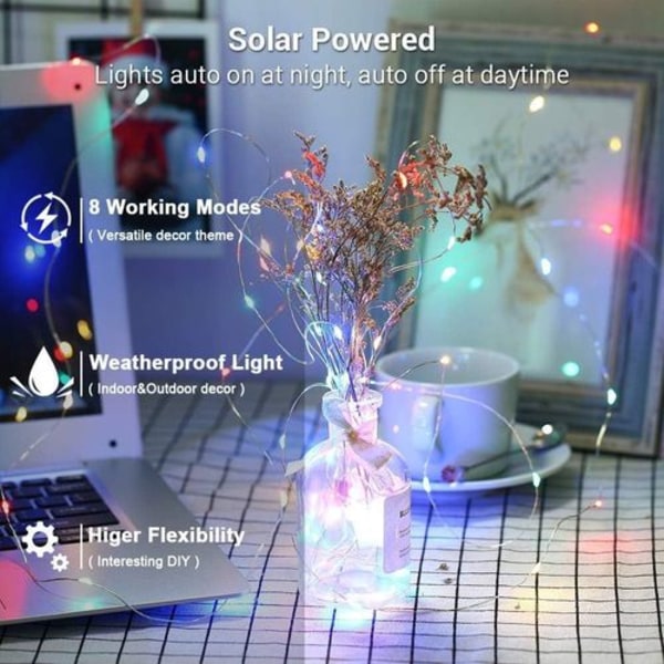 12 m 100 LED färgglada julgransljus, solcellslampor utomhus