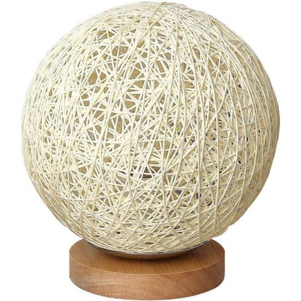 Romantisk bordlampe i massivt træ, sengelampe, rattan kugle, rund lampeskærm