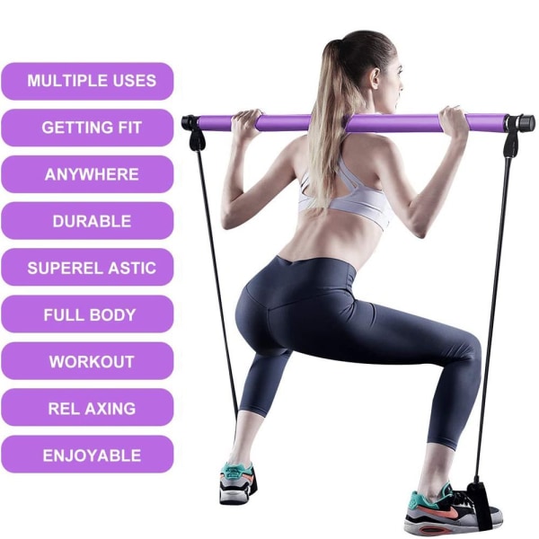 Pilates Bar Kit med modstandsbånd, multifunktionel bærbar hjemmefitness lilla