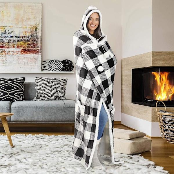 Amazons bästsäljande huvtröja med luva, tjock och lång varm jacka, röd och svart rutig tryckt casual filt för hemmet light grey Size:52"x72"