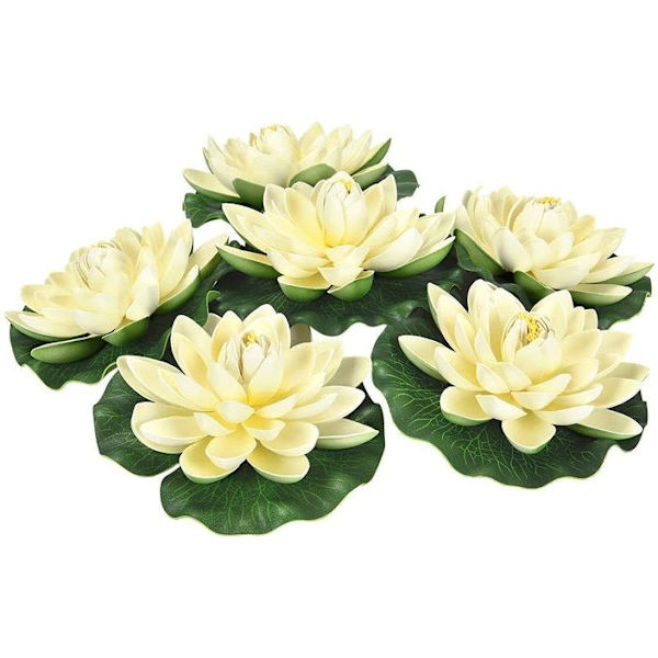 6 stk. kunstige flydende skumlotusblomster med åkandeblade