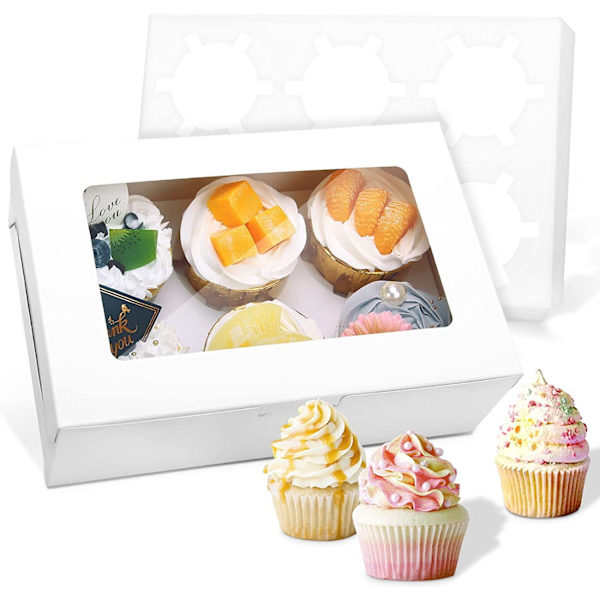 Sæt med 5 cupcake-æsker 6 huller Hvid, 24 x 16 x 7,6 cm (9,45 x 6,3 x 3\")