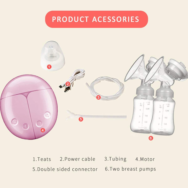 Elektrisk brystpumpe, dobbel suging, automatisk ammemassasje, 8 nivåer, 2 moduser, USB-grensesnitt (rosa)