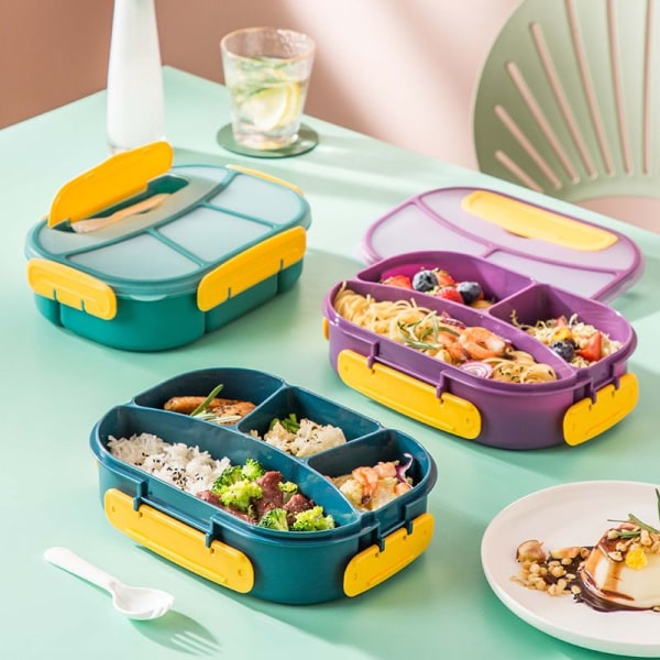 Plastboks med 3 rom for lunsj med bestikk, bærbar lunsjboks for studenter, mikrobølgeovn lunsjboks, forseglet oppbevaringsboks